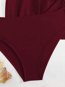 Swim Lushoire 2pcs/Set 2025 Women's New Colorblock One-Shoulder Soft Padded Tankini Swimwear, Slimming - Burgundy - View 7