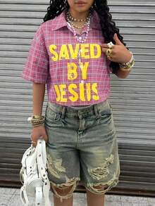 Rovax 女士标语格子落肩短袖单排扣休闲衬衫 - 粉色 - 查看 3