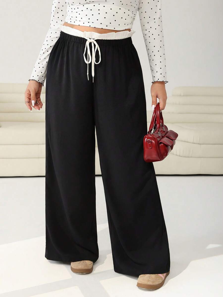 SHEIN EZwear Plus Size Women's Black & White Contrast Ruffle Hem Belted Wide Leg Loose Casual Pants - Black and White - View 1