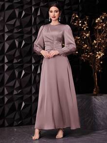 Veilorie Đầm dạ hội dài tay đơn giản hàng ngày màu trơn dành cho nữ - Hồng - Xem 5