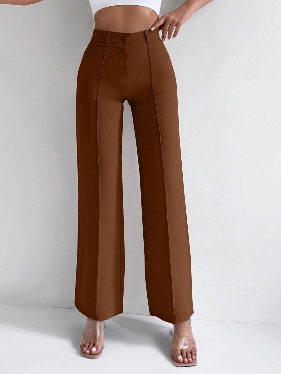 EURMUSE Solid High Waist Straight Leg Suit Pants - Brown - View 1