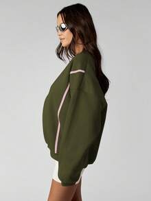 MISSGUIDED Áo nỉ cổ tròn có chi tiết viền tương phản Áo chui đầu cỡ lớn thường ngày dạo phố Tay dài bo gân Cổ tay thoải mái, vừa vặn, thiết yếu hàng ngày - xanh quân đội - Xem 5