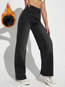 EMERY ROSE Quần jean ống đứng màu trơn, lót nhiệt thường ngày có túi - màu đen - Xem 3