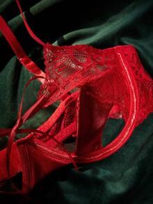 SpicyHot Bộ đồ lót 5 món ren hoa garter belt gợi cảm - Đỏ - Xem 5