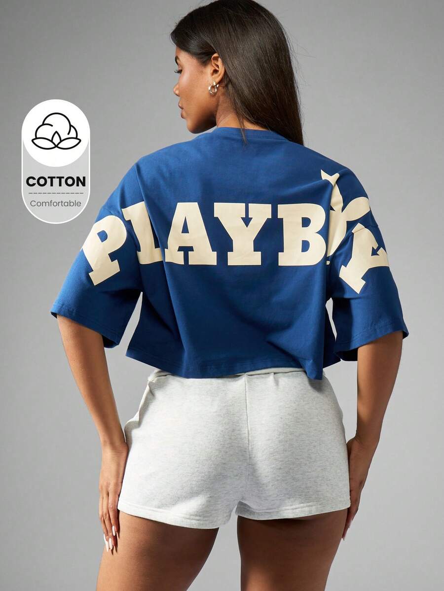 Missguided x Playboy 超大号短款 T 恤，背面印有徽标，街头运动风格，休闲短袖棉质 T 恤，都市家居服，Y2K 时尚夏季上衣，运动风 - 寶藍色 - 查看 1