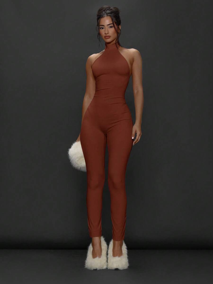 MUSERA High Neck Fitted Bodycon Capri Jumpsuit Autumn Winter Fall Going Out Everyday Night Out Sexy Streetwear Esky Party  Elegant Thanksgiving Chic - Redwood - View 1