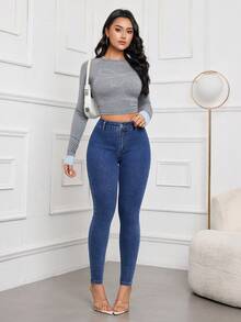 SHEIN Essnce Quần jean ôm vừa vặn, dễ mặc, thoải mái khi đi làm - Màu xanh lam - Xem 4