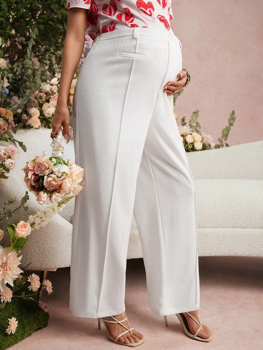 SHEIN 孕妇纯色直筒宽松休闲裤，带腰带环，适合情人节、婚礼派对等场合，白色阔腿裤 - 白色 - 查看 1