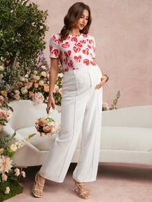 SHEIN 孕妇纯色直筒宽松休闲裤，带腰带环，适合情人节、婚礼派对等场合，白色阔腿裤 - 白色 - 查看 6