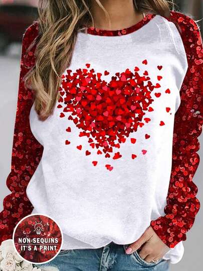 Camiseta de manga larga con estampado de corazón para mujer, decoración de lentejuelas falsas, cuello redondo, casual de moda, adecuada para el Día de San Valentín, primavera/otoño