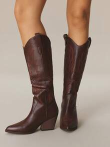 Styleloop 中筒靴,编织纹理,适合度假、波西米亚风、西部风、音乐节、万圣节、圣诞派对服装 - 咖啡棕 - 查看 2