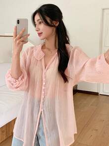 DAZY Women's Solid Color V-Neck Loose Semi-Sheer Long Sleeve Blouse Spring - Pink - View 2