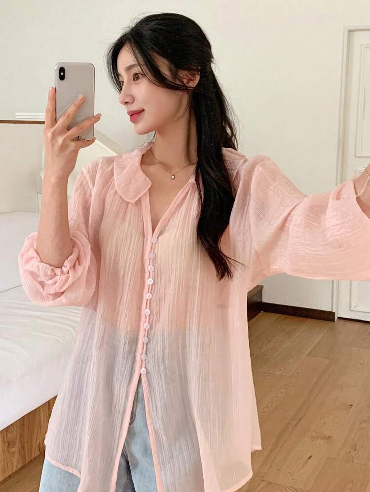 Women's Solid Color V-Neck Loose Semi-Sheer Long Sleeve Blouse Spring