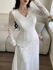 Feyla 女士优雅蕾丝贴花V领修身派对连衣裙，白色 - 白色 - 查看 4