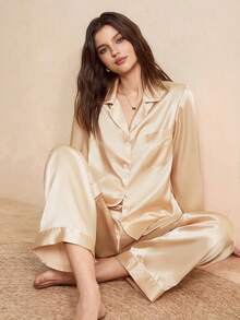 EverLounge Elegantes hochwertig britisches Kragen Faux Seide Fransen elegantes Damen Loose Fit Pyjama Set - Braun - Übersicht 5