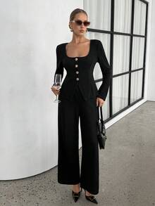 Lavishia Bộ đồ công sở trang trọng đi làm dành cho nữ, áo dài tay một hàng khuy và quần dài - màu đen - Xem 6