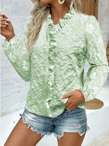 Elenzga Elegant Daily V-Neck Ruffle Puff Sleeve Textured Women Blouse - Olive Green - View 5