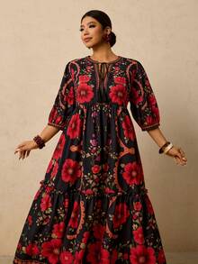 Travachic Plus Size Women's Pink & Green Tropical Plant Print Maxi Dress, V-Neck Tie Bow Long Sleeve Loose Casual Dress, Early Autumn Boho Dress Women Summer Dresses For Women With Sleeves Resort Dresses For Women Floral Print Dress French Dresses For Women Autumn Dress Going Out Dress Fall Clothes Fall Clothes Plus Size Autumn Clothes Wedding Guest Dress Elegant Old Money Beach Outfits For Woman Resort Wear Women Ibiza Outfit - Multicolor - View 6