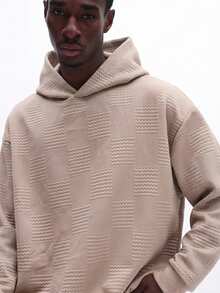 SUMWON Beige Textured Knit Pullover Hoodie With Waffle Pattern And Drawstring Hood For Fall Winter Streetwear Plain - Khaki - View 3