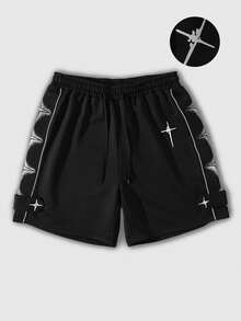 ROMWE MEN Street Life Men's Casual Drawstring Waist Cross Silver Foil Shorts, Versatile For Commuting - Black - View 1