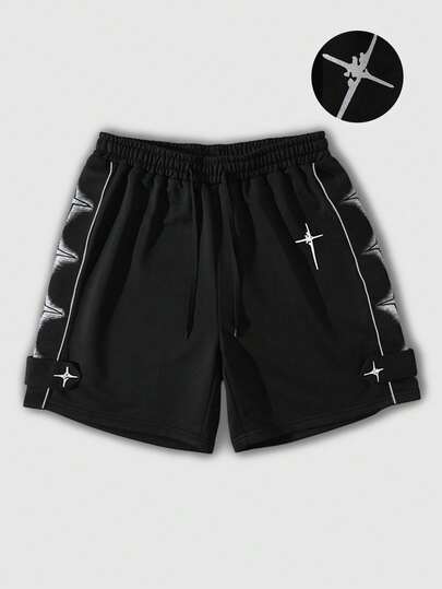 ROMWE MEN 男士休闲抽绳腰带交叉银箔短裤，通勤百搭