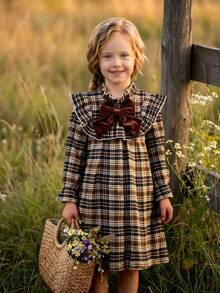 Emery Rose Kids 女童格纹荷叶边蝴蝶结装饰休闲连衣裙 - 黑與白 - 查看 9