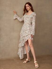 MOTF PREMIUM 女士露肩荷叶边不对称下摆连衣裙，秋冬季 - 杏色 - 查看 4