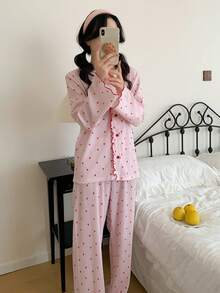 少女心形印花长袖开衫和裤子睡衣套装 - 彩色 - 查看 3