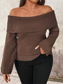 EMERY ROSE 1pc Women Plus Size One-Shoulder Elegant Fitted Sweater - Camel - View 3