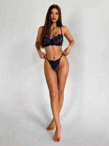 Aloruh New Year, Christmas, Party, High-End, Quality, Versatile Wear, Sexy, Woman, Red, Blue, Sexy Gathered 3/4 Cup Bralette, Lace Sexy Women's Underwear Set 2 Pieces Women's Sexy Lace Bra And Panty Set - Multicolor - View 3