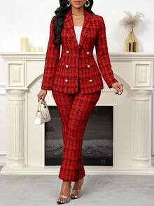 SHEIN Lady Bộ đồ hai mảnh vải tuýt đen in họa tiết dành cho nữ Bộ đồ hai mảnh thanh lịch dành cho nữ khi đi làm - Đỏ - Xem 6