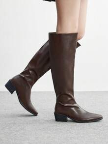 CUCCOO BIZCHIC Botas altas de tacón grueso versátiles y cómodas para el uso diario de las mujeres - Marrón - Ver 4