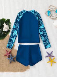 Emery Rose Kids Emery Rose Kids Bộ đồ bơi tankini dài tay 2 món dành cho bé gái tuổi teen, in họa tiết lá ngẫu nhiên. - Màu xanh lam - Xem 2