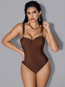 Shapewave 1pc Steel Bra Support Crossback Strap One-Piece Swimsuit, Deep Coffee Color, Beach & Resort Wear, Summer - Coffee Brown - View 5