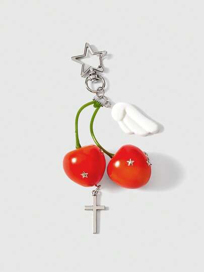 Kawaii 1pc Red Creative Cherry, Star, Rivet, Cross, Wing Star Design Keychain & Key Ring, Fashionable Versatile Multifunctional Accessory, Bag Charm, Key Decoration