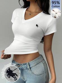 SHEIN BASICS Casual Minimalist Horse Logo Graphic Embroidered V-Neck Ruched T-Shirt. Suitable For Women, Summer, Going Out, Old Money, Casual, Formal Occasions, Everyday Wear, School, Sports, Gym. - White - View 1