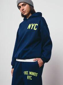 SURIMA 2pcs/Set Casual Navy Blue Minimalist Pattern Hooded Long Sleeve Loose Fit Women Outfit, Suitable For Spring/Autumn - Navy Blue - View 1