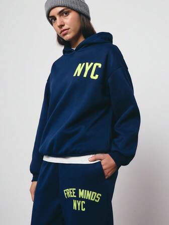 SURIMA 2pcs/Set Casual Navy Blue Minimalist Pattern Hooded Long Sleeve Loose Fit Women Outfit, Suitable For Spring/Autumn