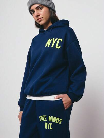 SURIMA 2pcs/Set Casual Navy Blue Minimalist Pattern Hooded Long Sleeve Loose Fit Women Outfit, Suitable For Spring/Autumn