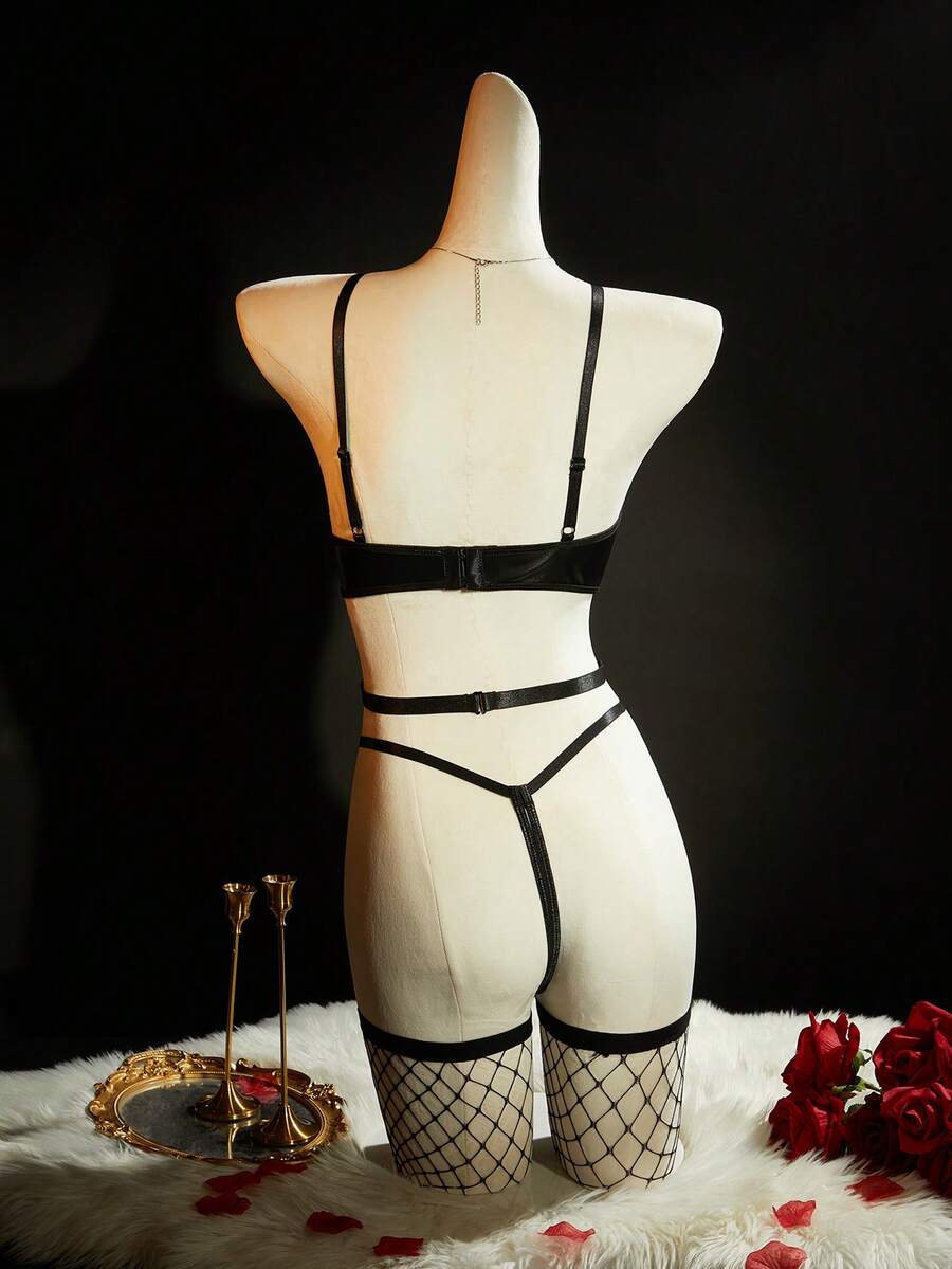 SpicyHot 6pcs Punk Series Sexy Lingerie Set Including Nipple Pasties And Fishnet, Rave For Going Out - Black - View 1