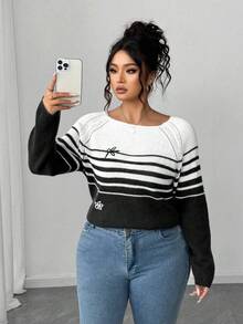 Elenzga Nuovo maglione lavorato a maglia oversize, stile country casual, rilassato ed elegante, con blocchi di colore, righe e ricamo floreale, collo equipaggio, maniche lunghe - Bianco e nero - Visualizzare 6