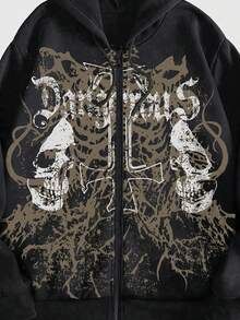 ROMWE MEN Goth 男士字母骷髅印花拉链连帽长袖卫衣 - 黑色 - 查看 3