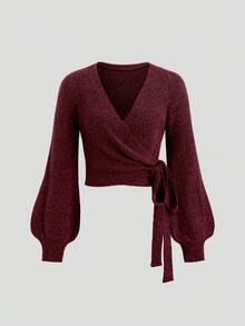 Sweetra 2pcs/Set Brown Italian Lace-Up Slim Fit V-Neck Cardigan And Straight Wide Leg Pants, Casual Elegant Streetwear Knit Sweater Set, Autumn/Winter - Burgundy - View 5