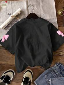 Koszulka dla nastolatek w minimalistycznym, spersonalizowanym stylu 67 Bow Graphic z krótkim rękawem i okrągłym dekoltem, odpowiednia na lato, w kolorze czarnym - Wielokolorowe - Zobacz 3