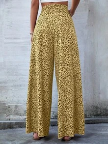 Breezaya Quần ống rộng họa tiết da báo cạp cao thoải mái đa năng - Màu vàng - Xem 2