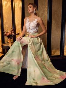 MOTF Soiréza Váy dạ hội dài chấm đất cổ chữ U hở lưng không tay thanh lịch dành cho nữ, họa tiết hoa trước ngực, chân váy hoa chuyển màu cỡ lớn & dáng ôm vừa vặn, lý tưởng cho tiệc cưới, dạ hội & các buổi tối xuân/hè, phong cách với giày cao gót quai & trang sức tinh tế - màu xanh lá - Xem 8