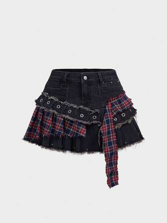 ROMWE Avant Women's Retro Y2K Collegiate Plaid Patchwork Eyelet Decor Asymmetric Hem Denim Mini Skirt