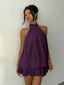 Aloruh Women's Elegant Light Yellow Halter Tie Mini Dress Purple Summer Dress - Purple - View 6