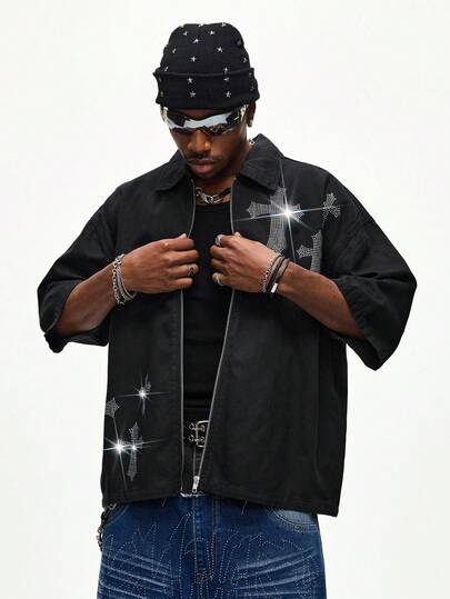 Men's Turndown Collar Zipper Front Cross Rhinestone Decor Fashionable Versatile Denim Jacket