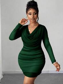 Maweii Plus Size Women's Dark Green Autumn Elegant Rave Party Dress, Long Sleeve Ruched Waist Bodycon Mini Dress With Shiny Mesh Wedding Guest Banquet - Dark Green - View 3